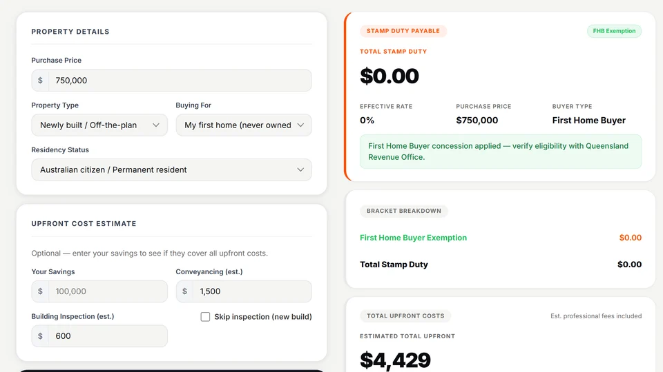 Velofy QLD stamp duty calculator: a first home buyer pays $0 duty on a new $750,000 home